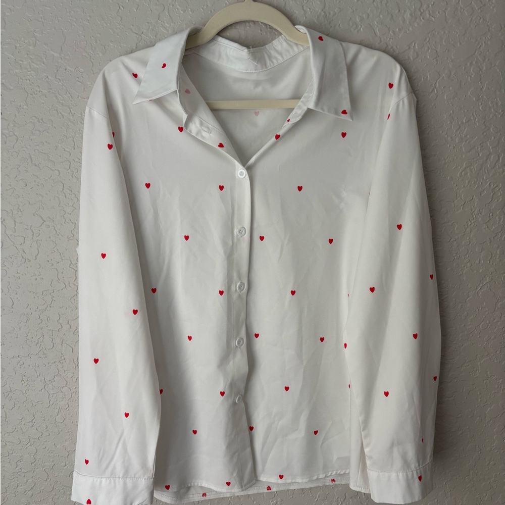 White Button Up with Red Heart Pattern - image 1